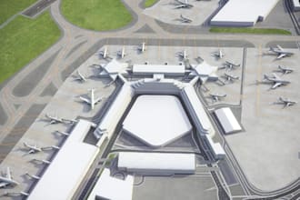 design realistic 3d airport interior, car park, runway, airplane parking layout