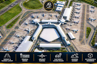do 3d airport design, runway layout, aircraft parking and photorealistic renders