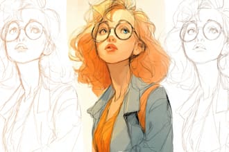 sketch, outline and color cartoon illustrations