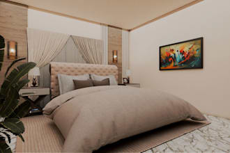 design a cozy modern bedroom interior with realistic 3d rendering