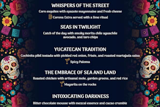 design a professional restaurant menu for food, drinks and events