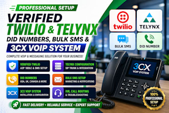 set up verified twilio, telynx, did numbers, bulk SMS, and 3cx