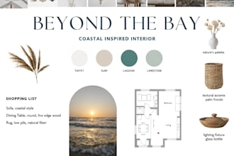 make interior mood board, shopping list, floor plan