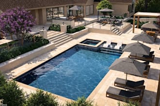 create backyard design, landscape design, garden with pool, patio, 3d rendering