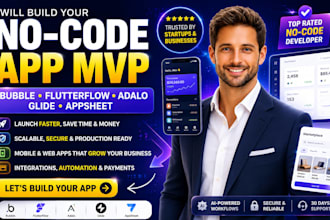 build mobile app development, no code app, flutterflow, adalo or glide app