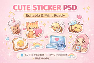 design cute aesthetic stickers PSD editable