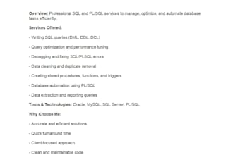 develop efficient and reliable sql and pl sql solution to optimize data