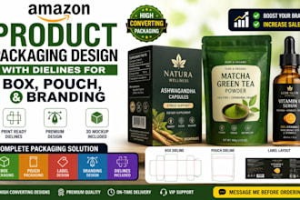 do amazon product packaging design with dielines for box, pouch, and branding