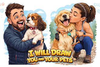 create custom pet and owner caricature vector illustration