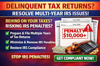 prepare and file delinquent tax returns for multiple years to resolve irs issue