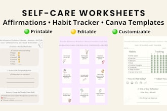design aesthetic self care worksheets, affirmation cards, habit tracker in canva