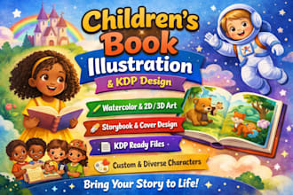 create children story book illustration, watercolour kids book, and KDP book