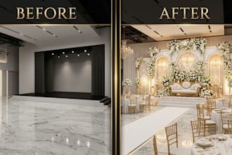 create stunning 3d wedding decoration, stage, backdrop and event space design