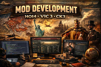 create advanced hoi4, vic 3 and ck3 mod with events and simple mechanics