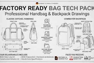 design factory ready bag tech pack, professional handbag and backpack drawings