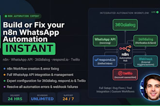 build or fix n8n whatsapp automation with 360dialog, respond io, twilio accout