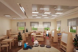 design 3d montessori classroom, kids playroom, daycare and indoor playground