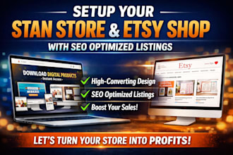 setup stan store website, etsy digital product listing etsy seo listing