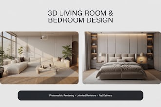 design a photorealistic 3d living room and bedroom interior rendering