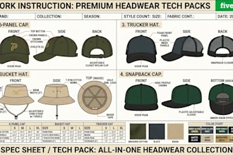 create cap tech pack, truckers and hat tech pack for headwear and manufacturing