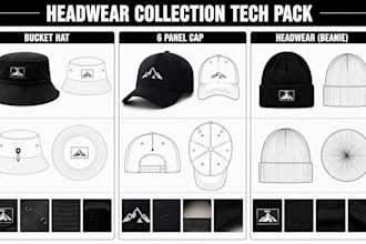 create cap tech pack, truckers and hat tech pack for headwear and manufacturing