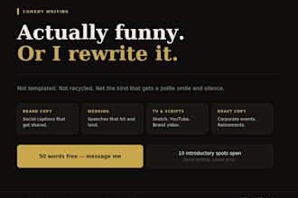 write dry humor captions, brand comedy , comedy script