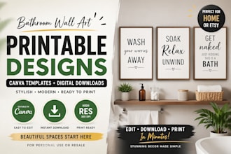 create bathroom wall prints, canva templates, digital download, home decor
