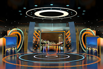 design realistic 3d tv studio, talk show set, broadcast stage and news studio