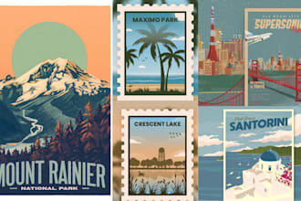 design illustrated vintage retro travel poster art, art tourism movie posters