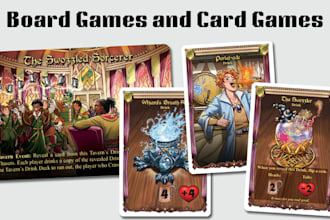 design a tabletop game board or map, cards, tokens, etc