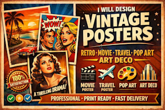 design retro vintage movie, travel, pop art, art deco poster flyer wall art