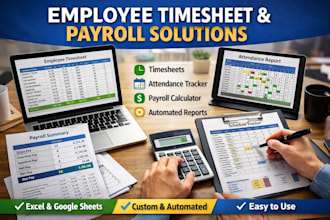 employee timesheet, attendance tracker, schedule tracker and payroll spreadsheet