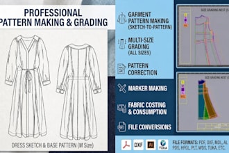 make a digital clothing sewing pattern and grading any garments of your choice