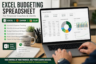 create excel budgeting spreadsheet for financial coaches and client, zapier clay