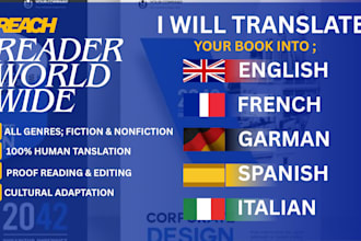 translate book into english, spanish, german, french, italian book translator