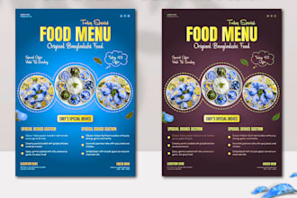 design restaurant menu, food flyer, digital menu board and cafe menu