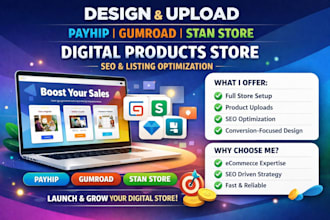 design payhip gumroad stan store digital products upload ecommerce seo listings