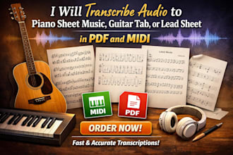 transcribe audio to piano sheet music, guitar tab, or lead sheet in PDF and midi