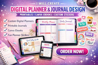 create digital planner journal design printable canva ebook custom stickers