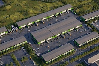 construct 3d industrial site plan,warehouse park layout,exterior dock rendering