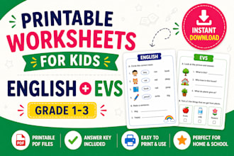 create printable english and evs worksheets for kids grade 1 to 3 PDF