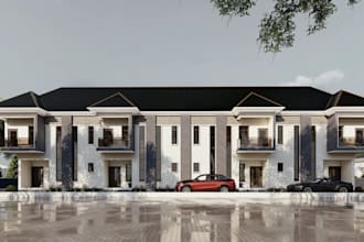 create 3d realistic rendering, residential building exterior design, landscape