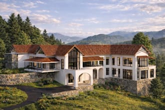 update 3d architecture hillside villa,courtyard master layout,aerial view render