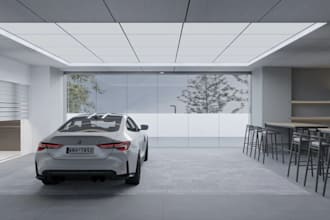 model 3d minimalist interior,showroom design,luxury automotive space, bar stools