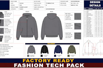 design zip hoodie bomber jacket tech pack and cad flat sketch for manufacturing