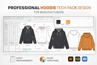design zip hoodie bomber jacket tech pack and cad flat sketch for manufacturing