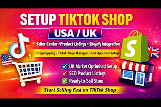 set tiktok shop, instagram, fb, seller center, product listings for USA and UK