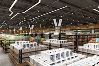 restyle 3d grocery store plan, supermarket render, food mart, interior design