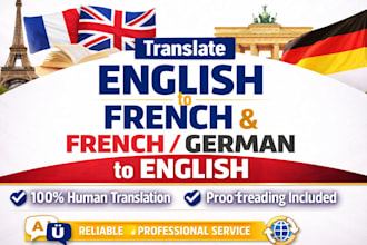 translate english to french and french and german to english
