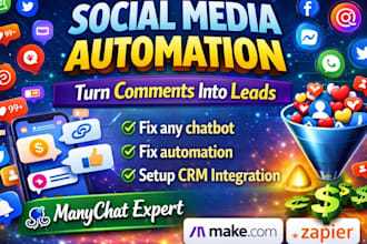 fix, setup social media automation with manychat, uchat, n8n, chatfuel, make com